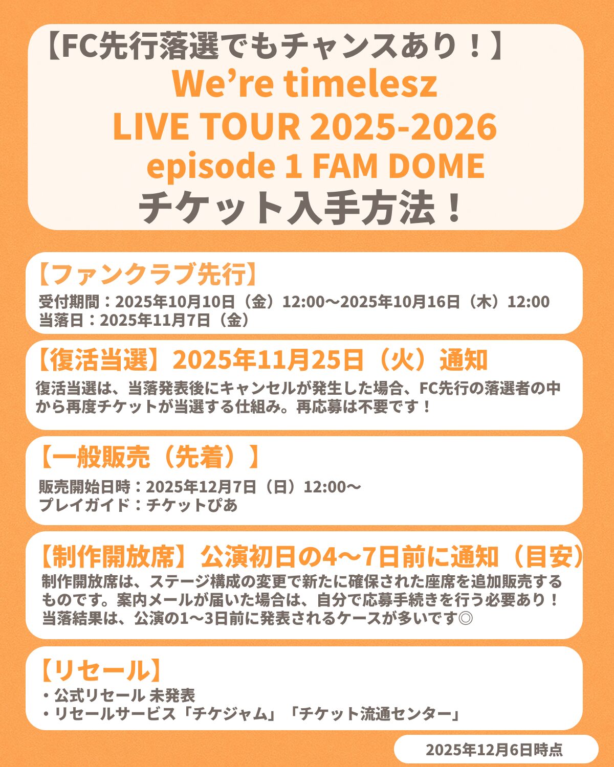 『We're timelesz LIVE TOUR 2025-2026 episode 1 FAM DOME』のチケット申し込み方法